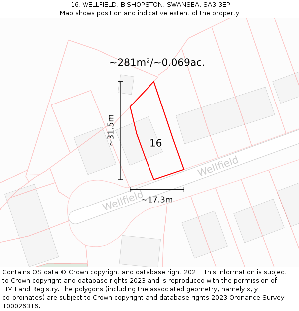 16, WELLFIELD, BISHOPSTON, SWANSEA, SA3 3EP: Plot and title map