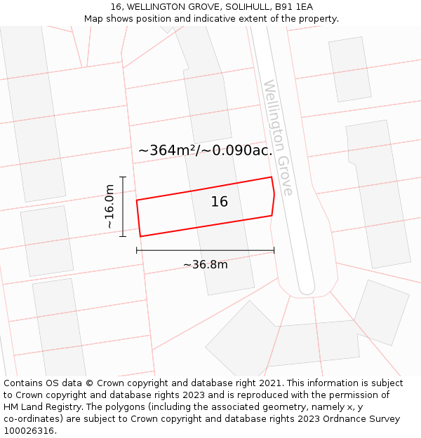 16, WELLINGTON GROVE, SOLIHULL, B91 1EA: Plot and title map