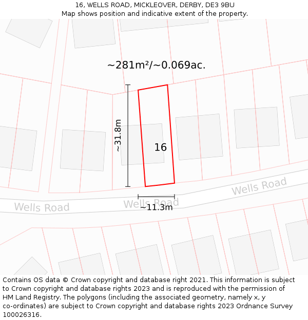16, WELLS ROAD, MICKLEOVER, DERBY, DE3 9BU: Plot and title map
