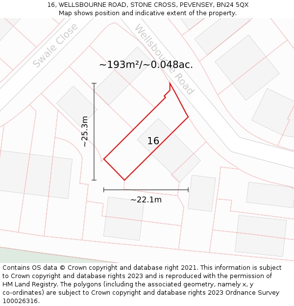 16, WELLSBOURNE ROAD, STONE CROSS, PEVENSEY, BN24 5QX: Plot and title map