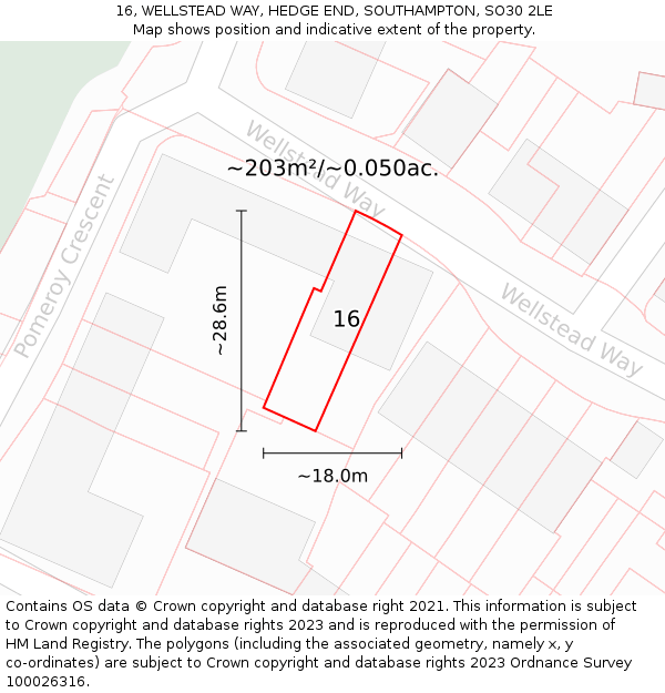 16, WELLSTEAD WAY, HEDGE END, SOUTHAMPTON, SO30 2LE: Plot and title map