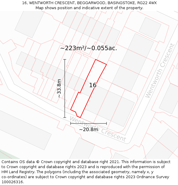 16, WENTWORTH CRESCENT, BEGGARWOOD, BASINGSTOKE, RG22 4WX: Plot and title map