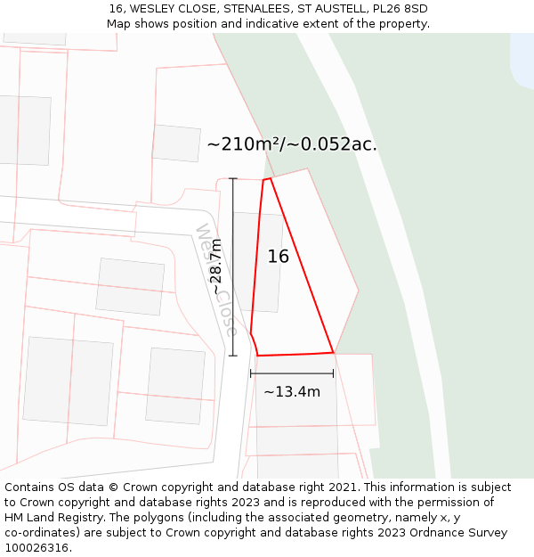 16, WESLEY CLOSE, STENALEES, ST AUSTELL, PL26 8SD: Plot and title map