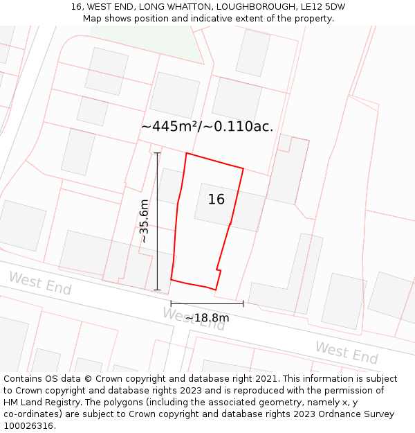 16, WEST END, LONG WHATTON, LOUGHBOROUGH, LE12 5DW: Plot and title map