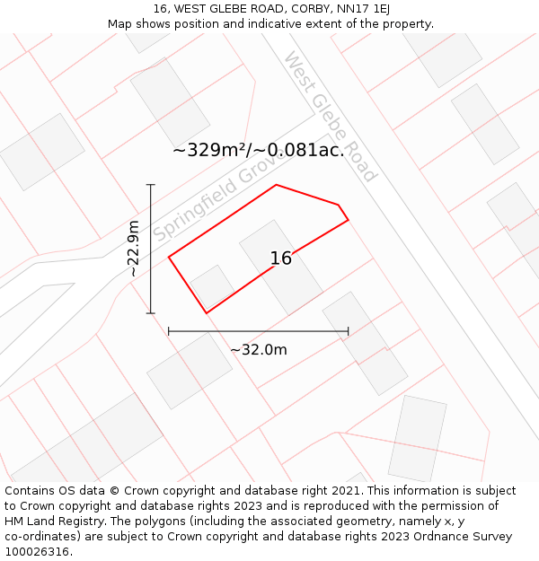 16, WEST GLEBE ROAD, CORBY, NN17 1EJ: Plot and title map