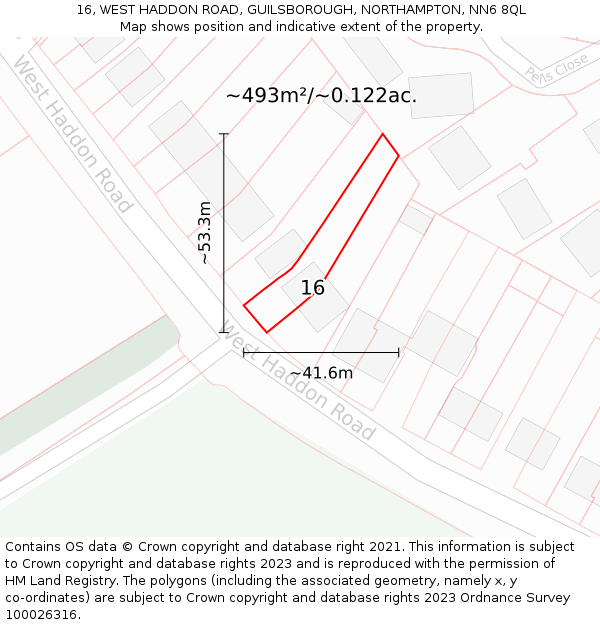 16, WEST HADDON ROAD, GUILSBOROUGH, NORTHAMPTON, NN6 8QL: Plot and title map