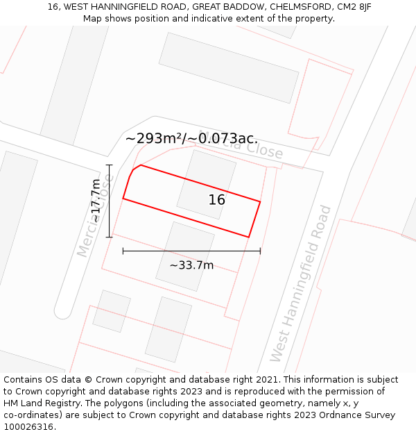 16, WEST HANNINGFIELD ROAD, GREAT BADDOW, CHELMSFORD, CM2 8JF: Plot and title map