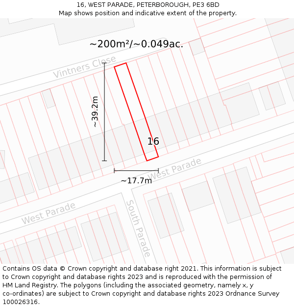 16, WEST PARADE, PETERBOROUGH, PE3 6BD: Plot and title map