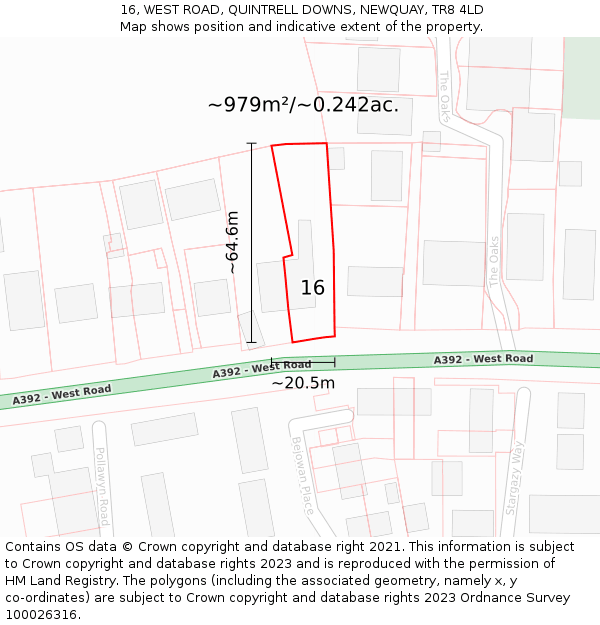 16, WEST ROAD, QUINTRELL DOWNS, NEWQUAY, TR8 4LD: Plot and title map