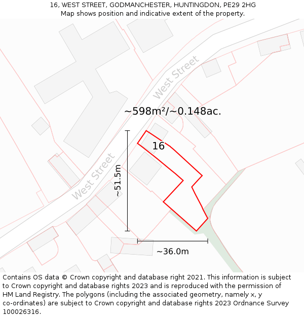 16, WEST STREET, GODMANCHESTER, HUNTINGDON, PE29 2HG: Plot and title map