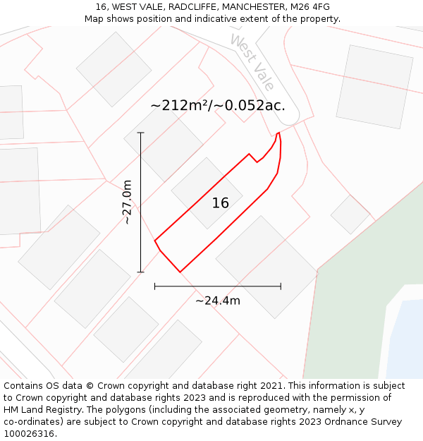 16, WEST VALE, RADCLIFFE, MANCHESTER, M26 4FG: Plot and title map