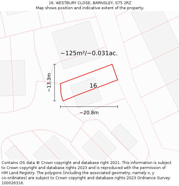16, WESTBURY CLOSE, BARNSLEY, S75 2RZ: Plot and title map