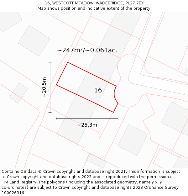 16, WESTCOTT MEADOW, WADEBRIDGE, PL27 7EX: Plot and title map