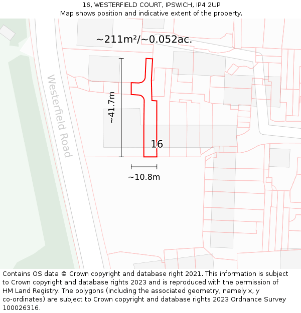 16, WESTERFIELD COURT, IPSWICH, IP4 2UP: Plot and title map