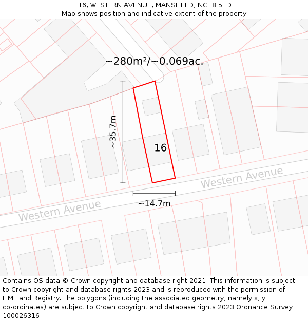 16, WESTERN AVENUE, MANSFIELD, NG18 5ED: Plot and title map