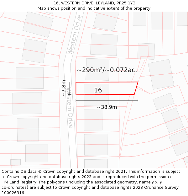 16, WESTERN DRIVE, LEYLAND, PR25 1YB: Plot and title map