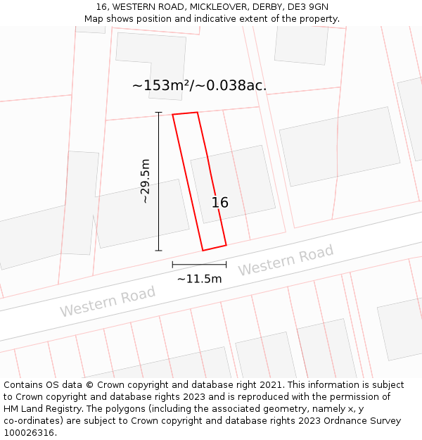 16, WESTERN ROAD, MICKLEOVER, DERBY, DE3 9GN: Plot and title map