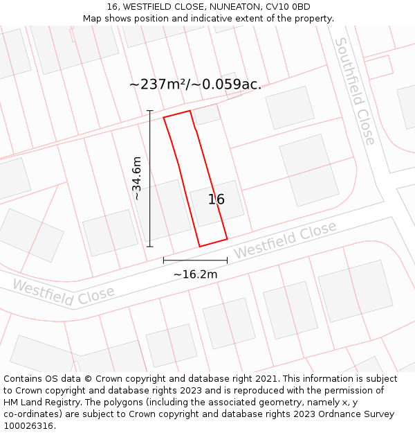 16, WESTFIELD CLOSE, NUNEATON, CV10 0BD: Plot and title map
