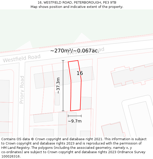 16, WESTFIELD ROAD, PETERBOROUGH, PE3 9TB: Plot and title map