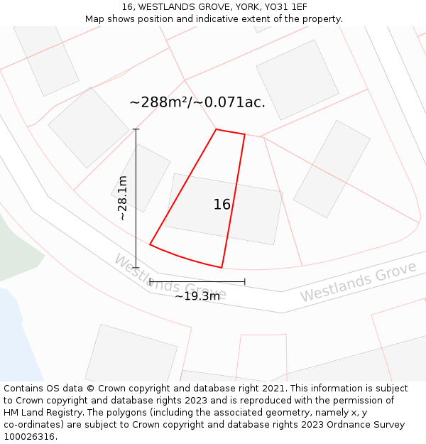 16, WESTLANDS GROVE, YORK, YO31 1EF: Plot and title map