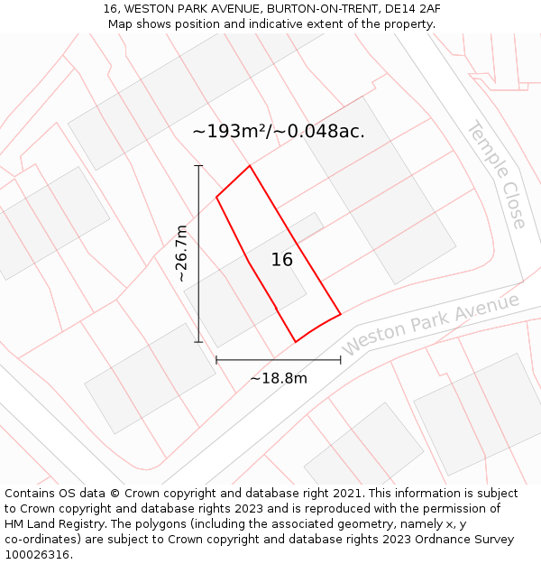 16, WESTON PARK AVENUE, BURTON-ON-TRENT, DE14 2AF: Plot and title map