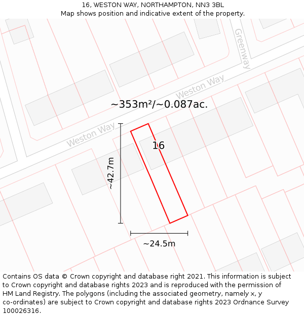 16, WESTON WAY, NORTHAMPTON, NN3 3BL: Plot and title map