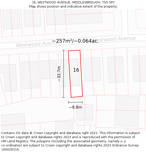 16, WESTWOOD AVENUE, MIDDLESBROUGH, TS5 5PY: Plot and title map