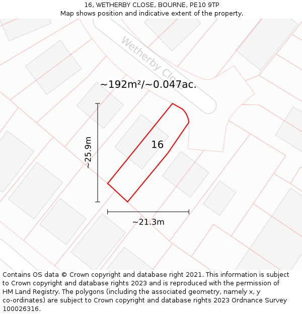 16, WETHERBY CLOSE, BOURNE, PE10 9TP: Plot and title map