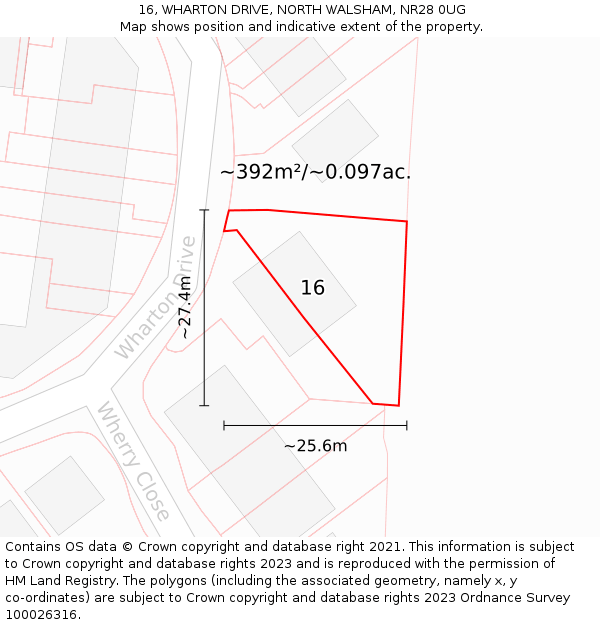 16, WHARTON DRIVE, NORTH WALSHAM, NR28 0UG: Plot and title map