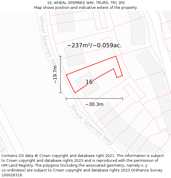 16, WHEAL SPERRIES WAY, TRURO, TR1 3FE: Plot and title map