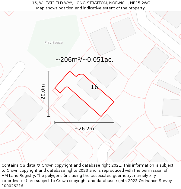 16, WHEATFIELD WAY, LONG STRATTON, NORWICH, NR15 2WG: Plot and title map