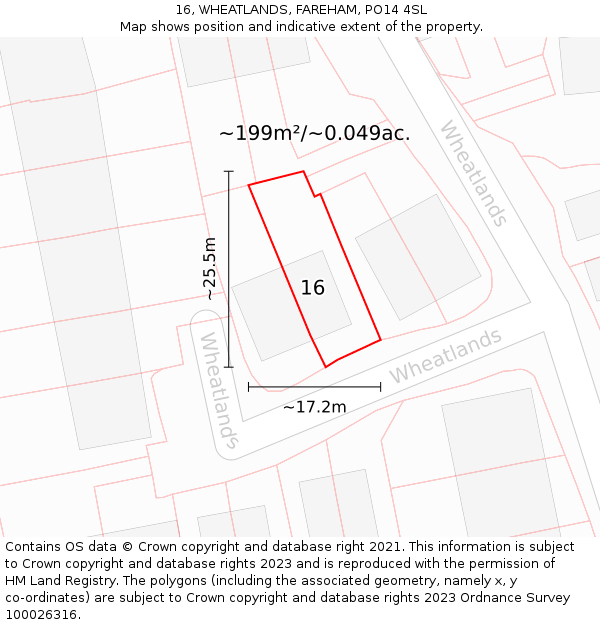 16, WHEATLANDS, FAREHAM, PO14 4SL: Plot and title map