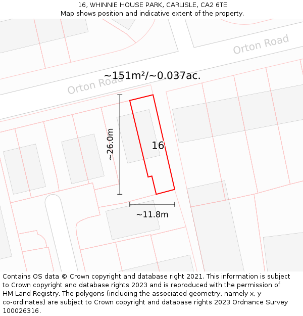 16, WHINNIE HOUSE PARK, CARLISLE, CA2 6TE: Plot and title map