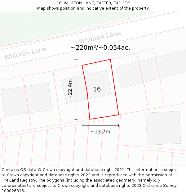 16, WHIPTON LANE, EXETER, EX1 3DS: Plot and title map