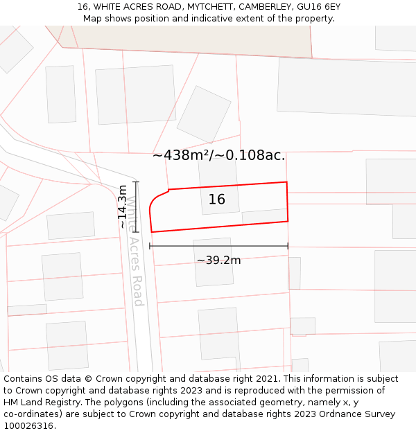 16, WHITE ACRES ROAD, MYTCHETT, CAMBERLEY, GU16 6EY: Plot and title map