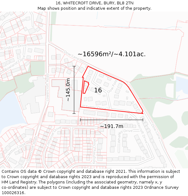 16, WHITECROFT DRIVE, BURY, BL8 2TN: Plot and title map