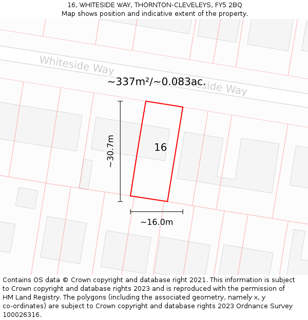 16, WHITESIDE WAY, THORNTON-CLEVELEYS, FY5 2BQ: Plot and title map