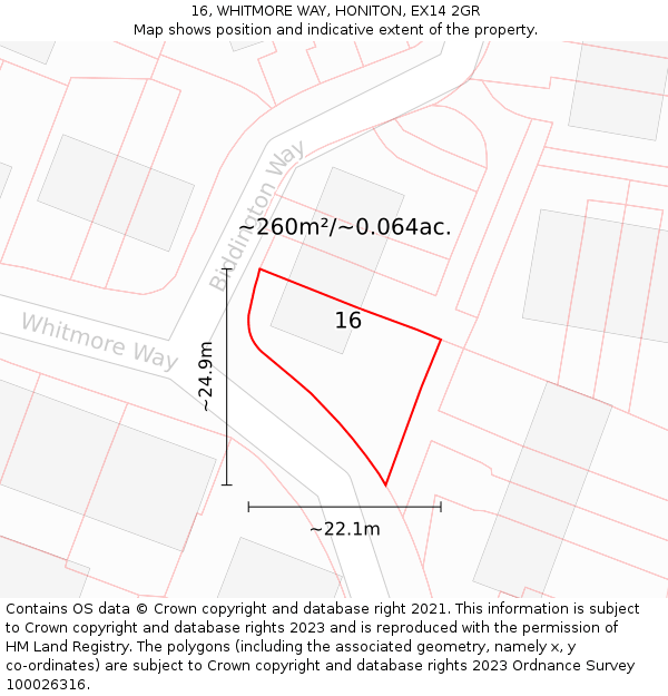 16, WHITMORE WAY, HONITON, EX14 2GR: Plot and title map