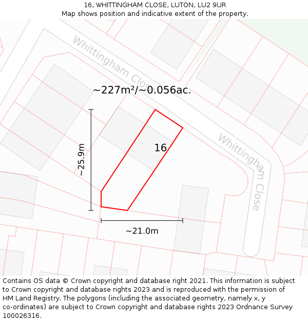 16, WHITTINGHAM CLOSE, LUTON, LU2 9UR: Plot and title map