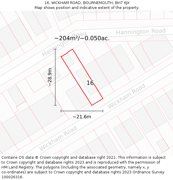 16, WICKHAM ROAD, BOURNEMOUTH, BH7 6JX: Plot and title map