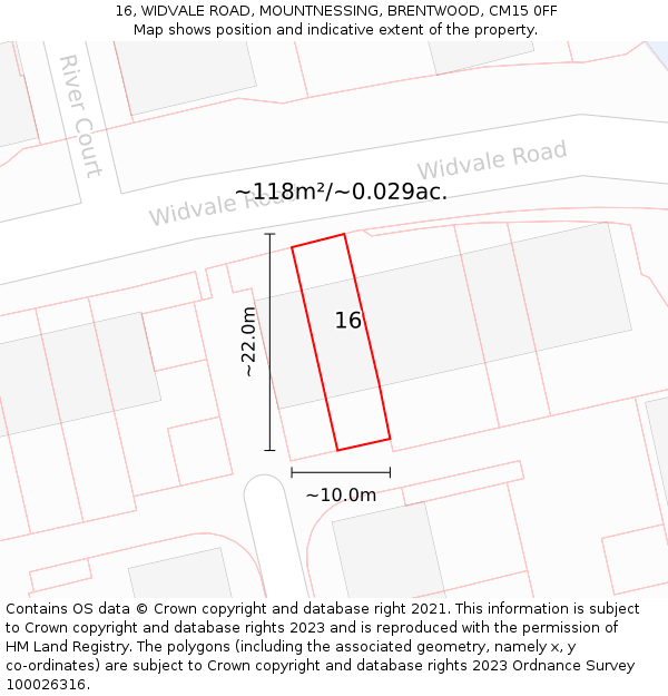 16, WIDVALE ROAD, MOUNTNESSING, BRENTWOOD, CM15 0FF: Plot and title map