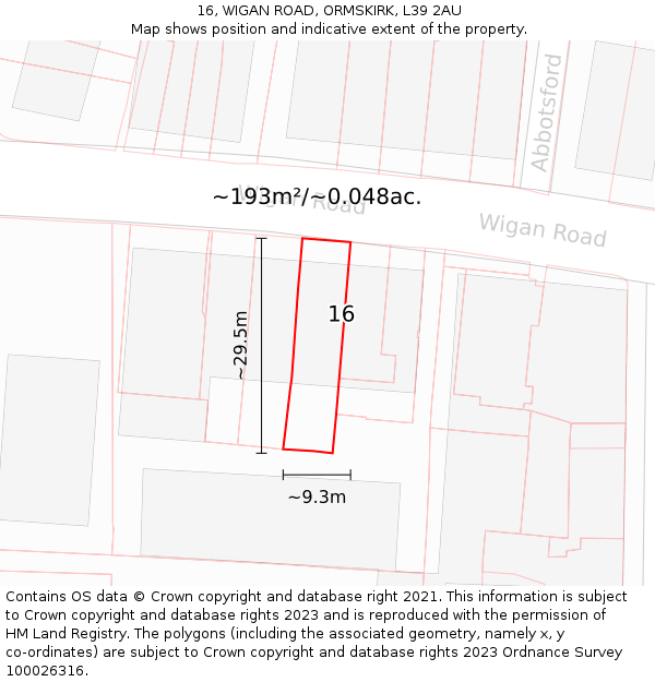 16, WIGAN ROAD, ORMSKIRK, L39 2AU: Plot and title map
