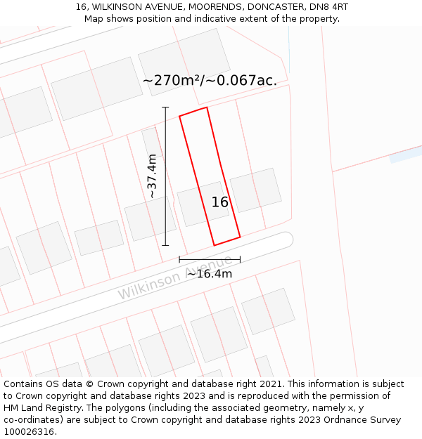 16, WILKINSON AVENUE, MOORENDS, DONCASTER, DN8 4RT: Plot and title map