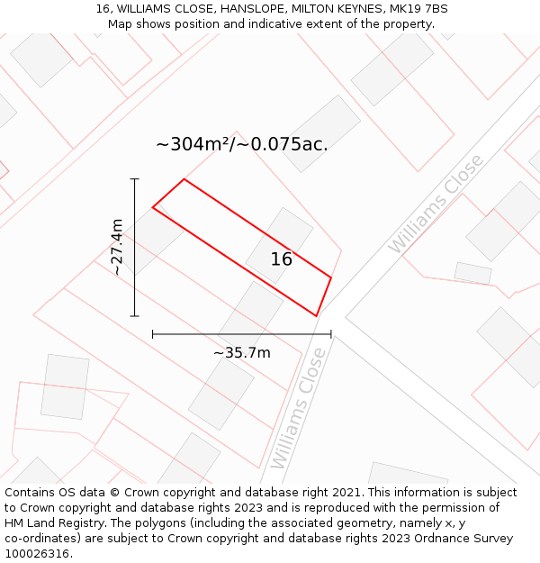 16, WILLIAMS CLOSE, HANSLOPE, MILTON KEYNES, MK19 7BS: Plot and title map