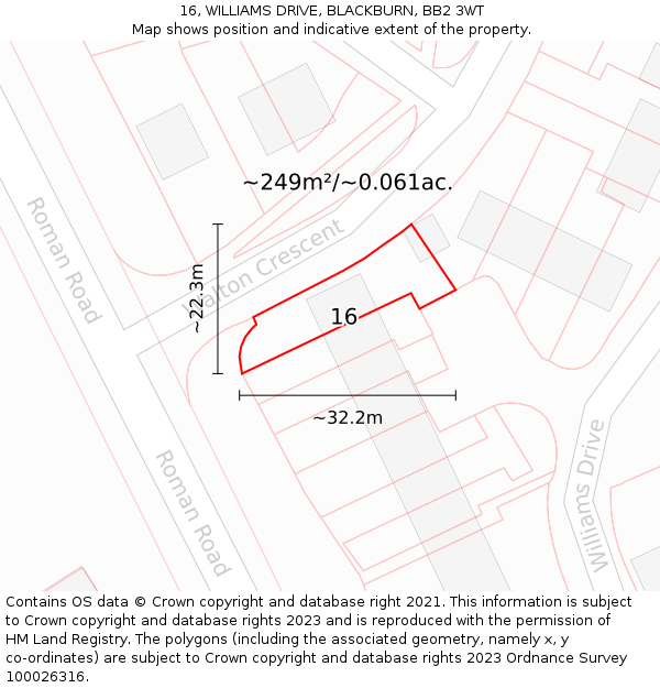 16, WILLIAMS DRIVE, BLACKBURN, BB2 3WT: Plot and title map
