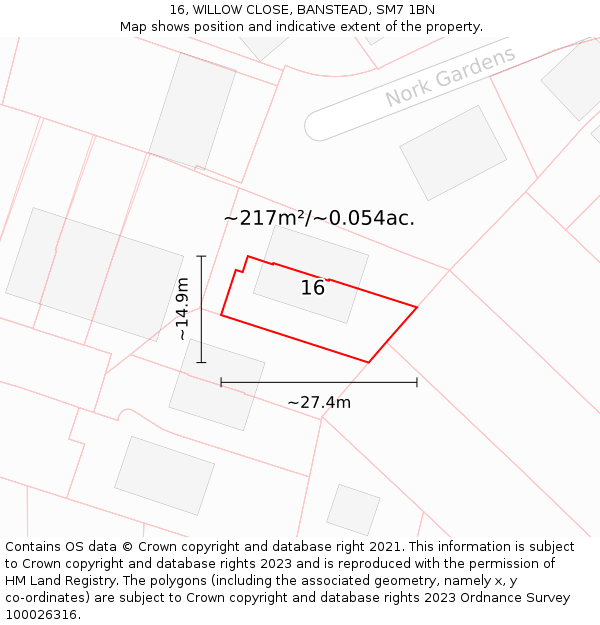 16, WILLOW CLOSE, BANSTEAD, SM7 1BN: Plot and title map