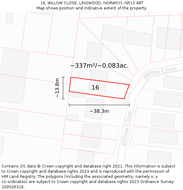16, WILLOW CLOSE, LINGWOOD, NORWICH, NR13 4BT: Plot and title map