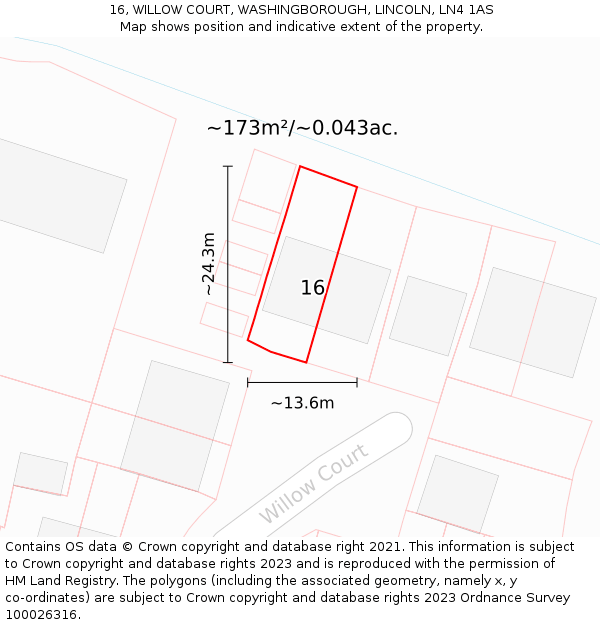 16, WILLOW COURT, WASHINGBOROUGH, LINCOLN, LN4 1AS: Plot and title map