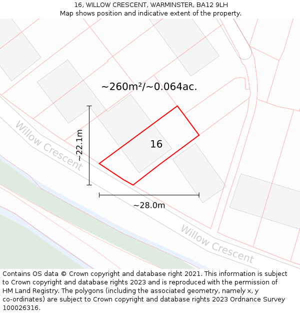 16, WILLOW CRESCENT, WARMINSTER, BA12 9LH: Plot and title map