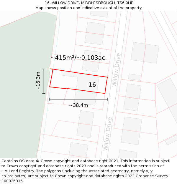 16, WILLOW DRIVE, MIDDLESBROUGH, TS6 0HP: Plot and title map